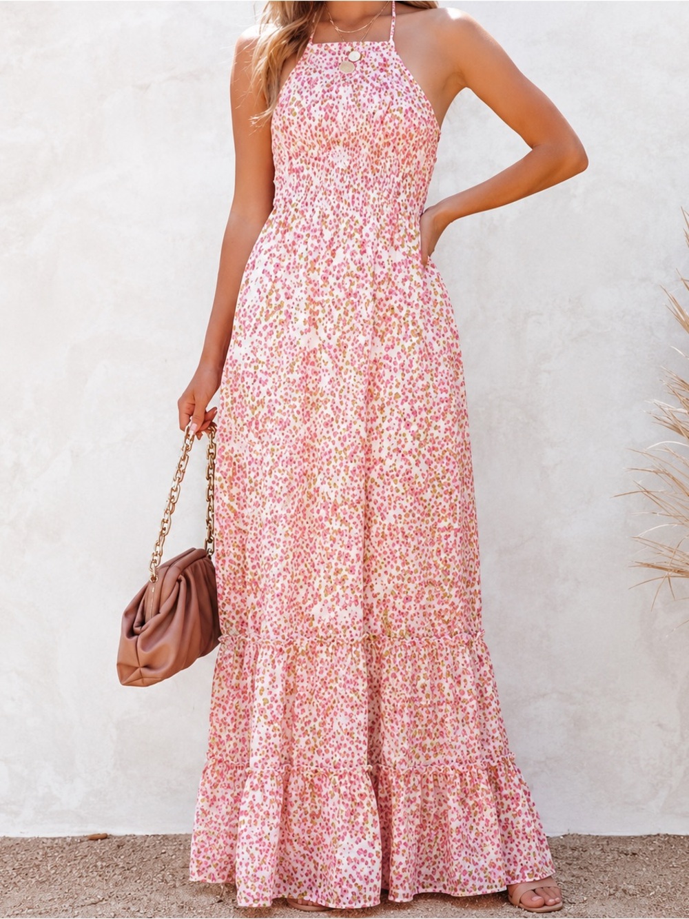 NWT Koko + Mason Pink Metallic Speckled Halter Maxi Dress Open Back Tie | XS